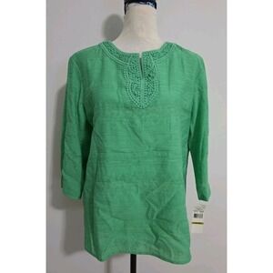 Alfred Dunner Women's Size 14 Petite Green Beaded Eyelet Tunic Top NWT